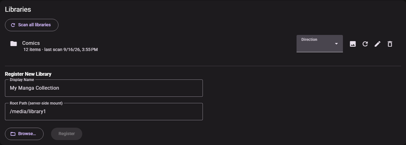The Libraries card on the Administration page: an existing library row with its Direction menu and action icons, and the Register New Library form with Display Name, Root Path, Browse and Register