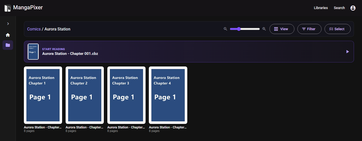 A series folder in the library view: the breadcrumb, the View, Filter and Select buttons, the Start reading row and one card per chapter archive