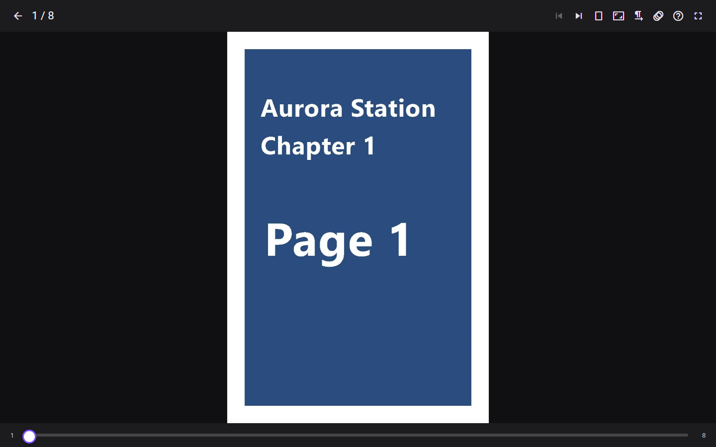 The reader on desktop: a single page centered on a dark background, the toolbar above and the page slider below