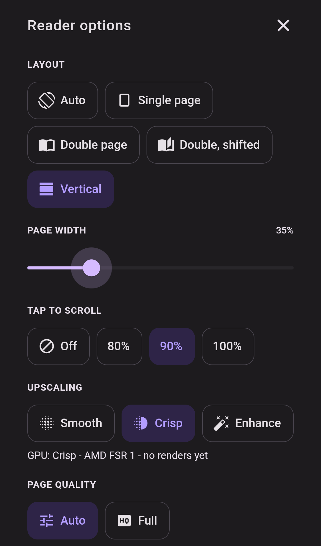 The Reader options bottom sheet on a phone in vertical mode: Layout, Page width, Tap to scroll, Upscaling with Crisp selected (AMD FSR 1), and Page quality