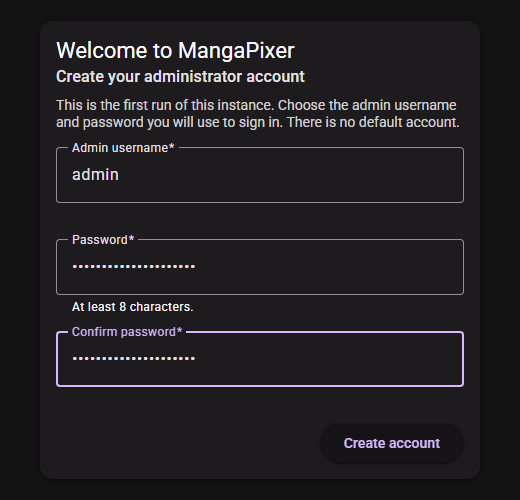 The first-run setup screen: Welcome to MangaPixer, with the admin username, password and confirmation fields and the Create account button