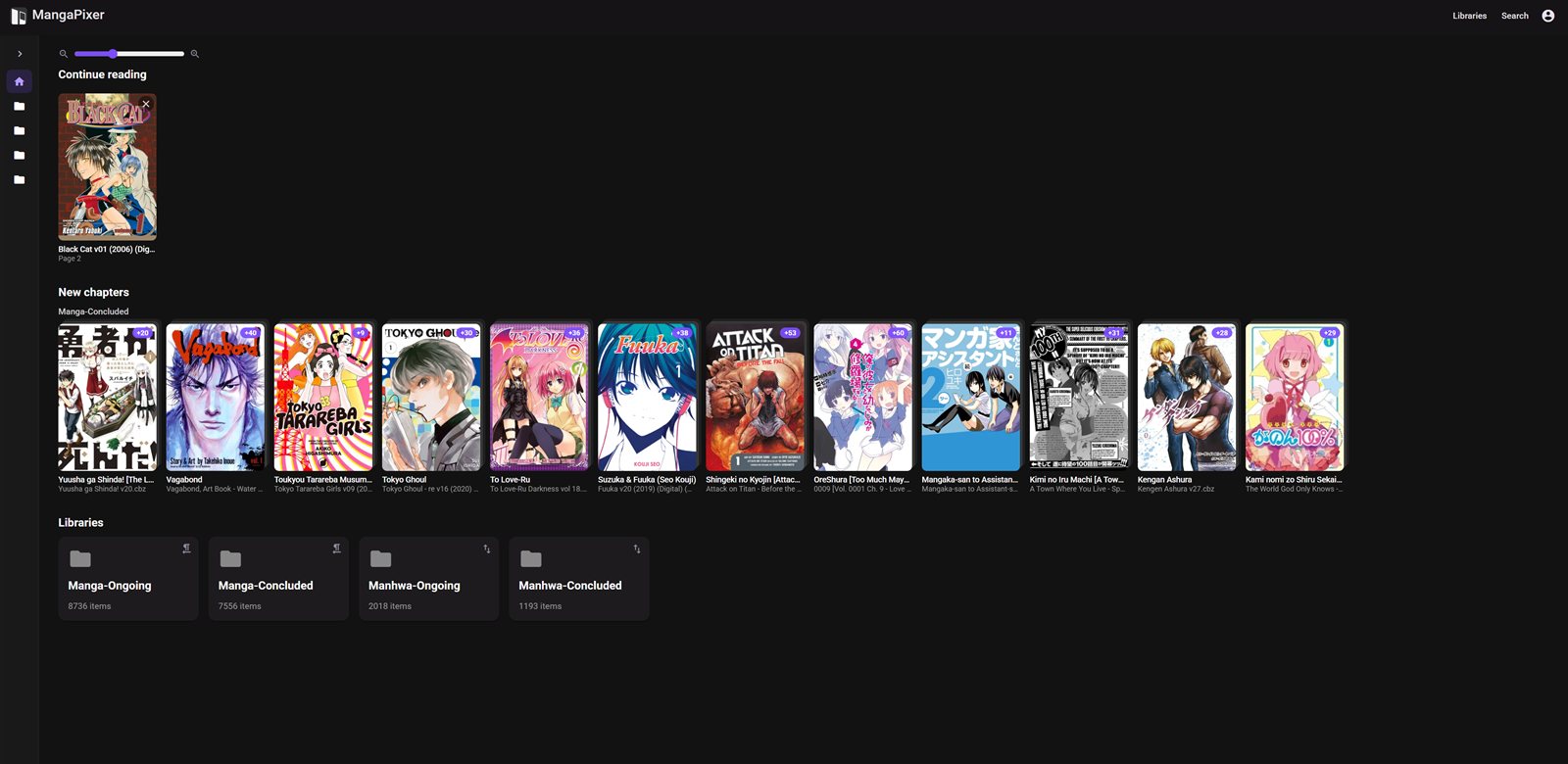 MangaPixer home on desktop: Continue reading, New chapters and the library grid
