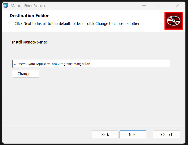 The installer's Destination Folder page, defaulting to the Programs folder in your profile