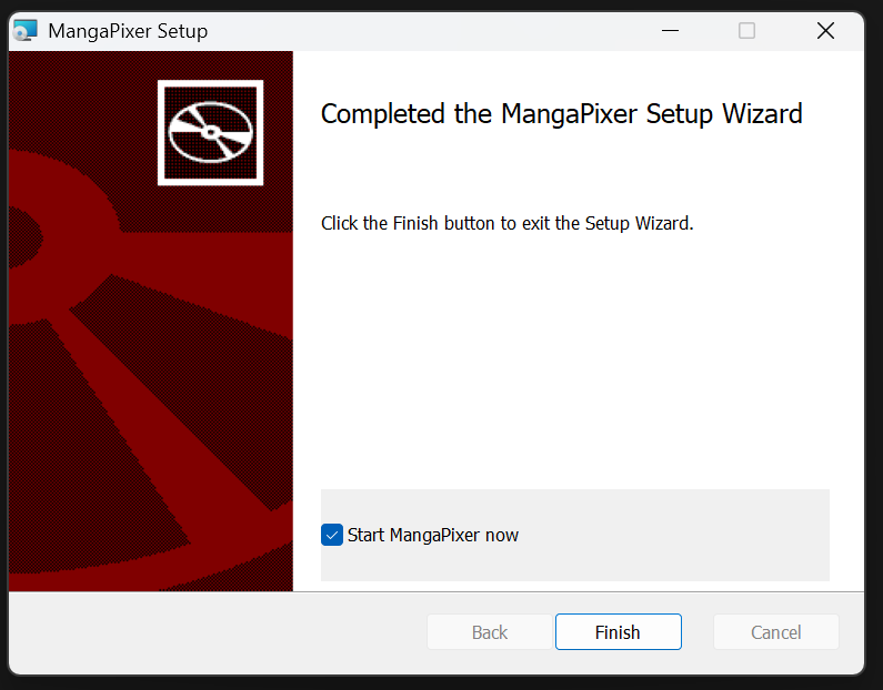 The installer's last page with the Start MangaPixer now checkbox ticked