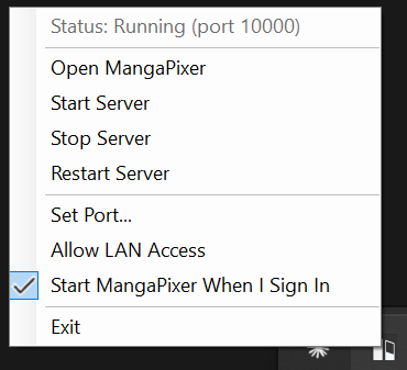 The tray menu: Status, Open MangaPixer, Start, Stop and Restart Server, Set Port, Allow LAN Access, Start MangaPixer When I Sign In, Exit